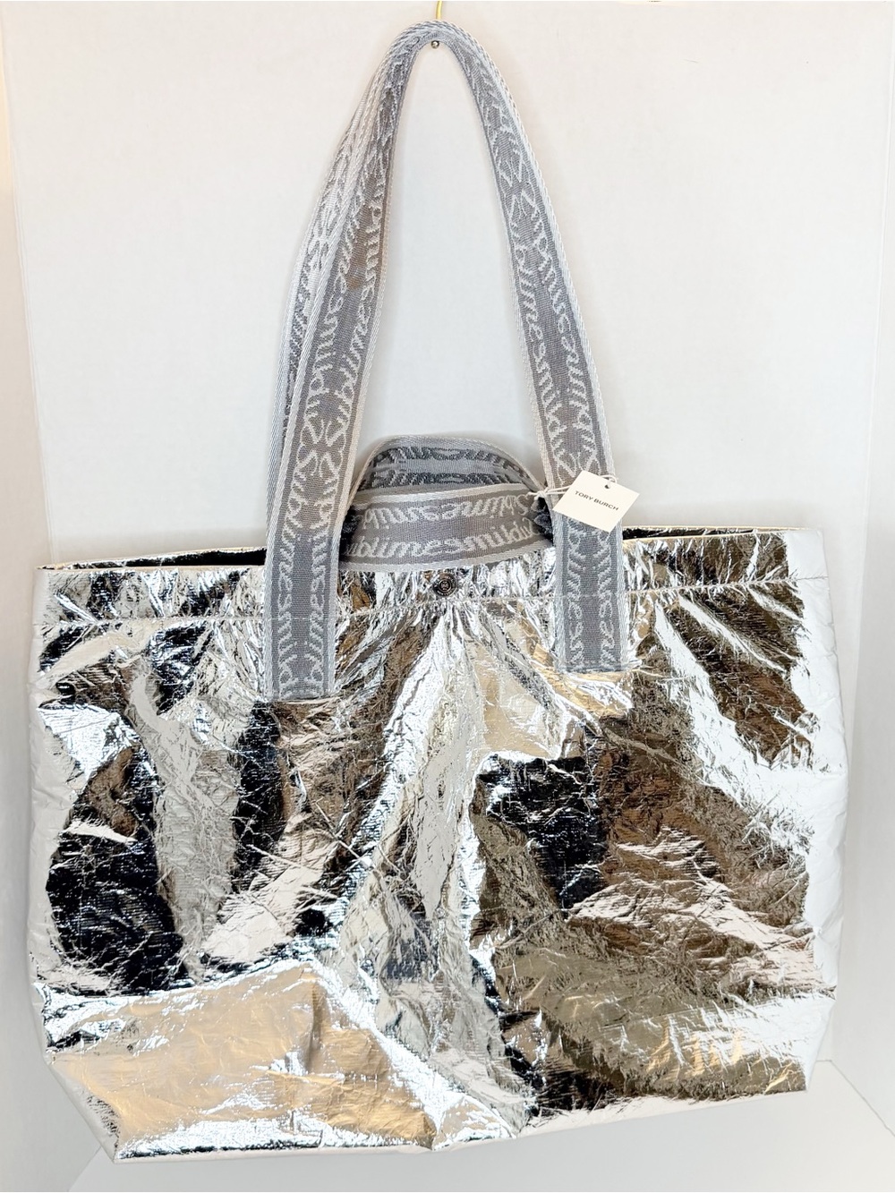 Silver Metallic Tote Bag with Logo-Trim Straps